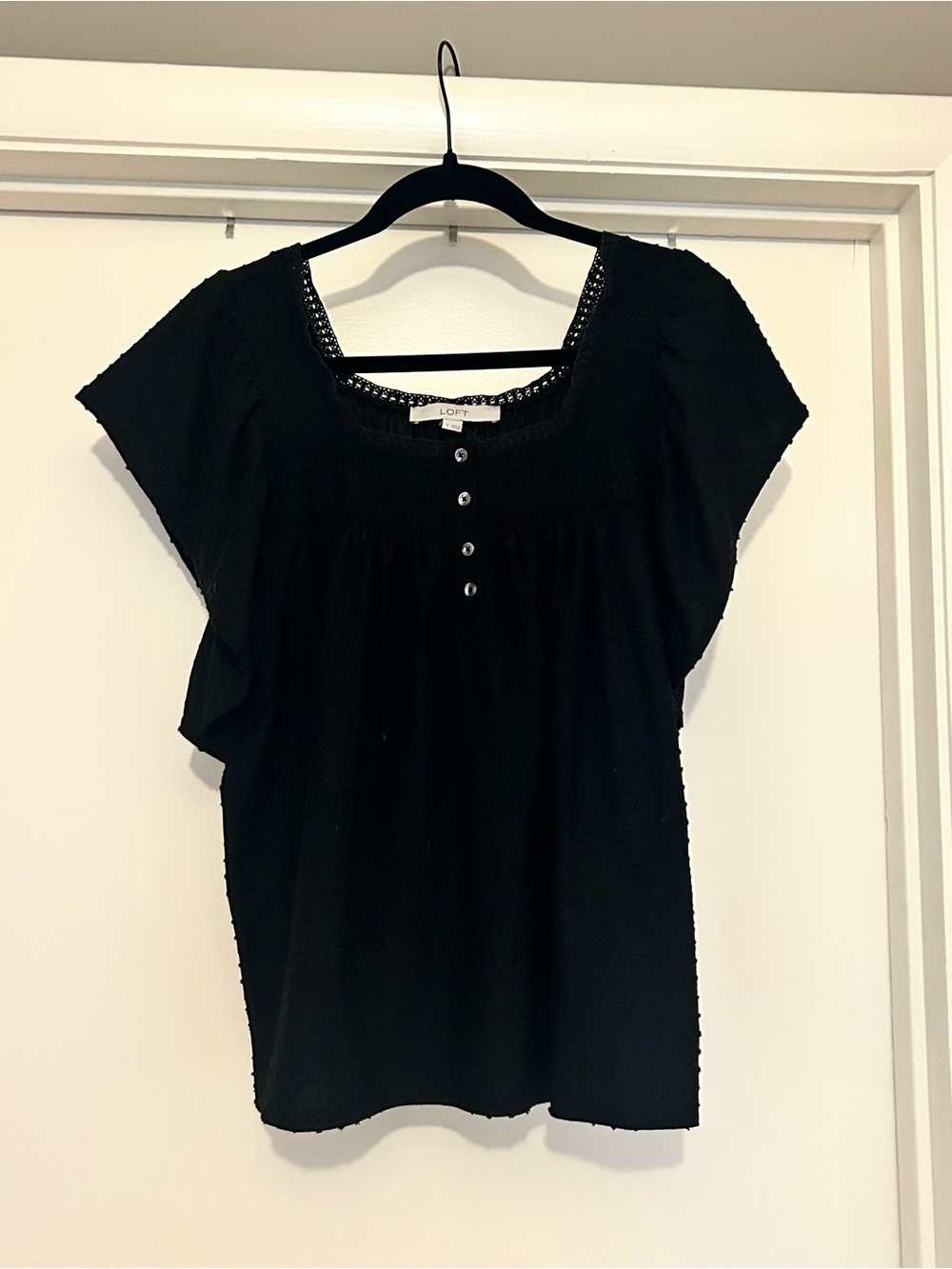 LOFT Black Short Sleeve Square Neck Button Blouse